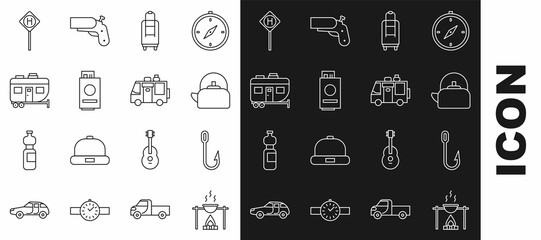 Poster - Set line Campfire and pot, Fishing hook, Kettle with handle, Suitcase, Passport ticket, Rv Camping trailer, Parking and icon. Vector