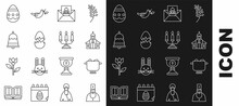 Set Line Priest, Egg In Hot Pot, Church Building, Greeting Card With Happy Easter, Broken Egg, Ringing Bell, And Candelabrum Candlesticks Icon. Vector