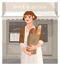 Girl In A White Apron, Cute Vintage Clothes, And Hairstyle. She Holding A Paper Bag With Fresh Bread. Beautiful Cozy Place With A Sign "the Best Bakery". Vector Illustration In A Hand-drawn Style.