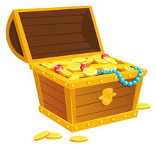 Open Wooden Chest Full Of Gold. Jackpot Icon. Game Trophy