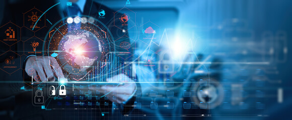 cyber security and data protection business intelligence, businessman and digital tablet global netw