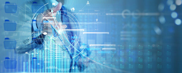 Wall Mural - businessman pointing 3d graph growth and financial network connection,business investment goal in gl
