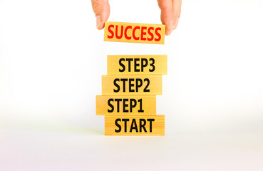 Wall Mural - Strat, step and success symbol. Concept words Start step 1 2 3 success on wooden blocks on a beautiful white table white background. Businessman hand. Business start step 1 2 3 to success concept.