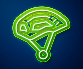 Sticker - Glowing neon line Bicycle helmet icon isolated on blue background. Extreme sport. Sport equipment. Vector