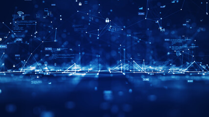 Leinwandbilder - cybersecurity technology background concept internet network connection data protection. Interconnected polygons with binary code and small icons on dark blue background.