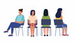 Women are sitting on chairs. Women sit in different poses on chairs turned from different sides. Vector set.