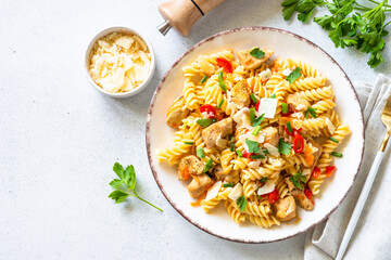 Sticker - Pasta with turkey meat, vegetables and parmesan on white table. Top view with copy space.