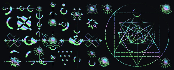 Mysterious holographic alchemical symbols on dark background. Sacred geometry and spiritual art.