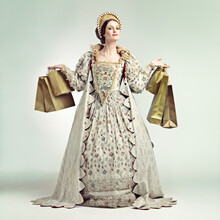 Royal Shopping Spree. A Gorgeous Victorian Queen Holding Parcels.