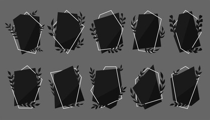 Botanical polygonal frame leafy vintage gothic flat set. Dark exquisite signage important event mourning. Mood black color elegant blank sticker flyer background various shape silver line isolated