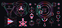 Abstract Alien-like Mysterious Holographic Symbols On Dark Background.