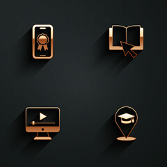 Set Online education with diploma, book, play video and icon with long shadow. Vector