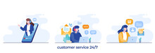 Customer Service 24 Hours, Call Center Concept, Women With Microphone, Assistant Response, Flat Vector Illustration
