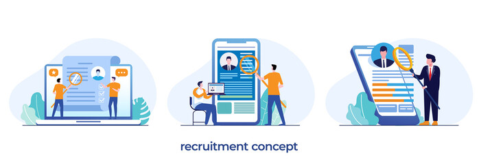 recruitment concept, online hiring, HR, human resource, employment, recruiting, we are hiring, flat illustration vector