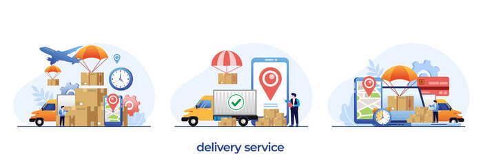 delivery services concept, online delivery application, worldwide express deliver, shopping package flat illustration vector