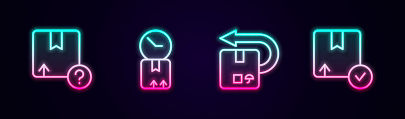 Sticker - Set line Carton cardboard box, Cardboard with clock, Return and . Glowing neon icon. Vector