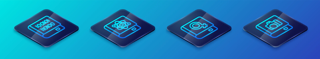 Set Isometric line Book about women, Books programming, Photo album gallery and physics icon. Vector