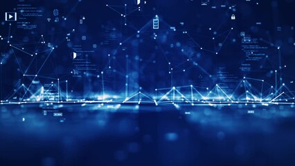 cybersecurity technology concept internet network connection digital data protection. connected polygons Binary code and slow moving icons on dark blue background.