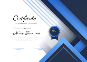 Wall Mural - Modern blue certificate of achievement award template with badge and border for business and corporate