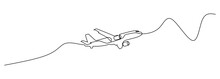 Single Line Drawing : Commercial Airplane Takeoff And Climb. Takeoff Is The Phase Of Flight In Which An Aerospace Vehicle Leaves The Ground And Becomes Airborne. Vector Illustration For Transportation