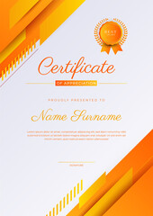 Modern orange certificate of achievement award template with badge and border for business and corporate