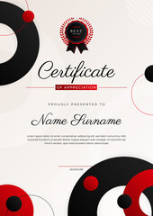 Modern black and red certificate of achievement award template with badge and border for business and corporate