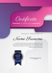 Modern pink and purple certificate of achievement award template with badge and border for business and corporate