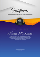 Modern blue and orange certificate of achievement award template with badge and border for business and corporate