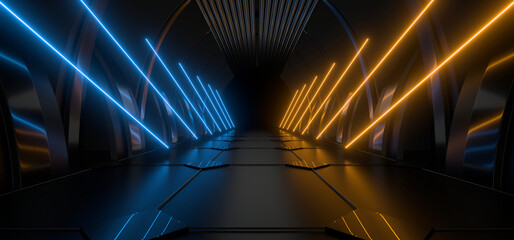 Wall Mural - sci fy neon lamps in a dark corridor. reflections on the floor and walls. 3d rendering image.