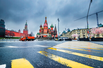 Beautiful view of Moscow Red Square Kremlin towers. Moscow architecture, Russia - in a cloudy weather. It is world famous tourist spot - Saint Basil's cathedral in background.