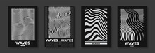 Collection Of Modern Abstract Posters With Optical Waves. In Techno Style, Psychedelic Design, Prints For T-shirts And Hoodies. Isolated On Black Background