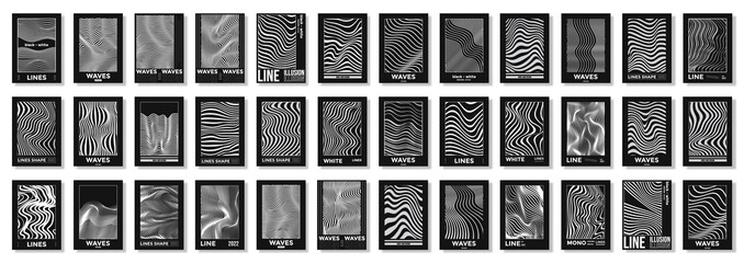 Collection of modern abstract poster with optical waves. In techno style, psychedelic design, prints for T-shirts and hoodies apparel. Synthwave and vaporwave design 