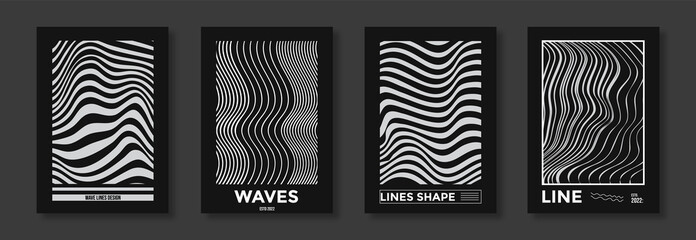 Collection of modern abstract posters with optical waves. In techno style, psychedelic design, prints for T-shirts and hoodies. Isolated on black background