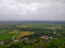 The View Of The Vast Expanse Of Green Seen From Higher Ground. You Can See Rice Fields And People's Houses