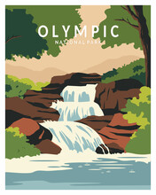 Olympic National Park Waterfall Vector Illustration Background. Travel To State Washington. Vector Illustration With Minimalist, Style For Poster, Postcard. 