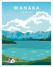 Lake Wanaka New Zealand Illustration Background. Vector With Minimalist Style For Poster, Postcard, Art Print.