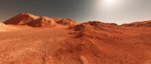 Mars Planet Landscape, 3d Render Of Imaginary Mars Planet Terrain, Orange Eroded Desert With Mountains And Sun, Realistic Science Fiction Illustration.