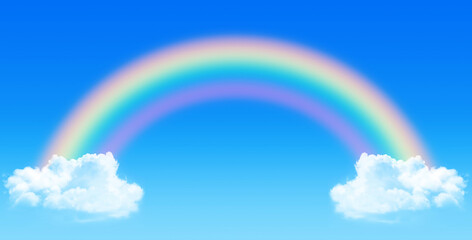 Wall Mural - rainbow with blue sky and cumulus clouds; paradise perfect and symmetrical backgound, idyllic ideal 