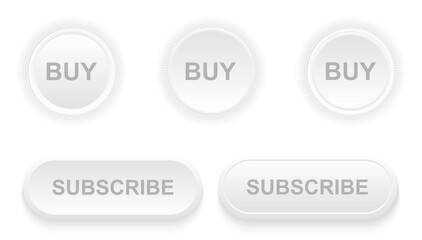 Aufkleber - Subscribe and buy buttons with halftone pattern around, white grey minimal modern vector backgrounds for website, 3D White buttons for user interface.