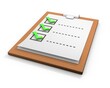 © MediaenLab - Cork clipboard task management with approved todo check list, white background. 3D render