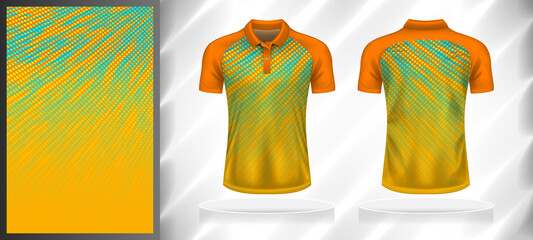 Vector sport pattern design template for Polo T-shirt front and back view mockup. Orange-yellow-blue color gradient oblique halftone texture background illustration.