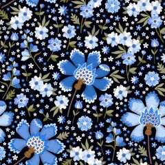 Wall Mural - Seamless floral pattern with embroidered blue flowers on a black background in vector. Fashion natural print for fabric.