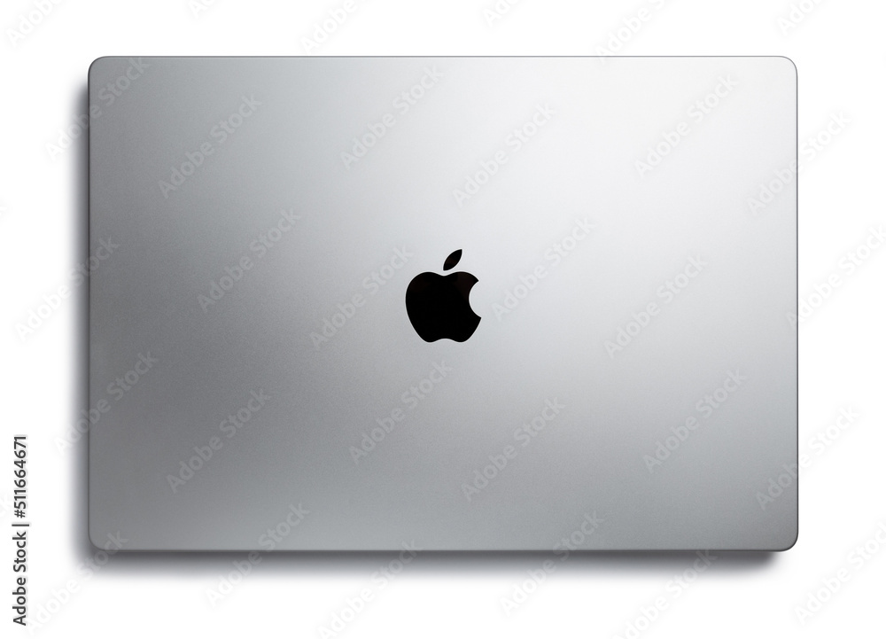 Close-up top view of Macbook grey laptop by Apple. Mackbook Pro 16 M1 ...