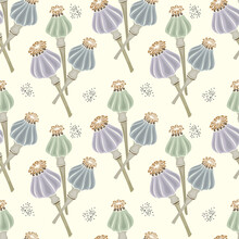 Pattern poppy seed pods, stylized hand drawn doodle, no outline. Vector illustration
