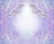 Sweet Angel Wings Message Background template - beautiful angelic wings above bright white light orb against lacey wispy lilac border ideal for spiritual theme advert message board

