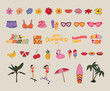 Retro 70s hippie stickers, groovy elements. Women, flowers, rainbow, vintage, skateboard, hippy style element vector summer set.