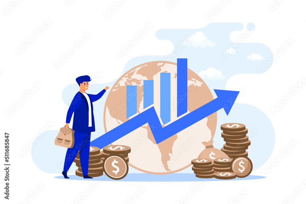 Gross domestic product concept. Growth arrow chart with globe, stacks ...