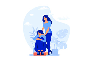 Woman giving comfort and support to friend, keeping palms on her shoulder. Girl feeling stress, loneliness, anxiety. counseling, empathy, psychotherapy, friendship concept. flat design modern illustra