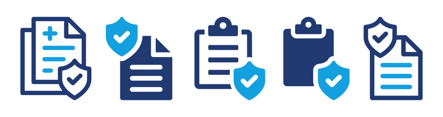Poster - Policy icon vector document set. Insurance protection on clipboard with check and shield symbol illustration.