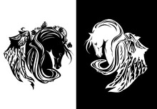 Pegasus Winged Horse Profile Head With Long Mane And Rose Flowers Decor - Side View Mythical Animal Black And White Vector Design